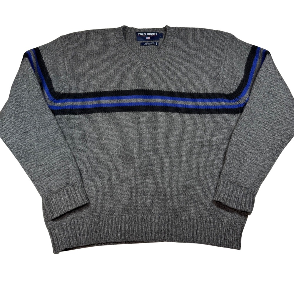 VTG 90's Polo Sport Ralph Lauren Grey Lambswool V-Neck Stripe Sweater Mens Large